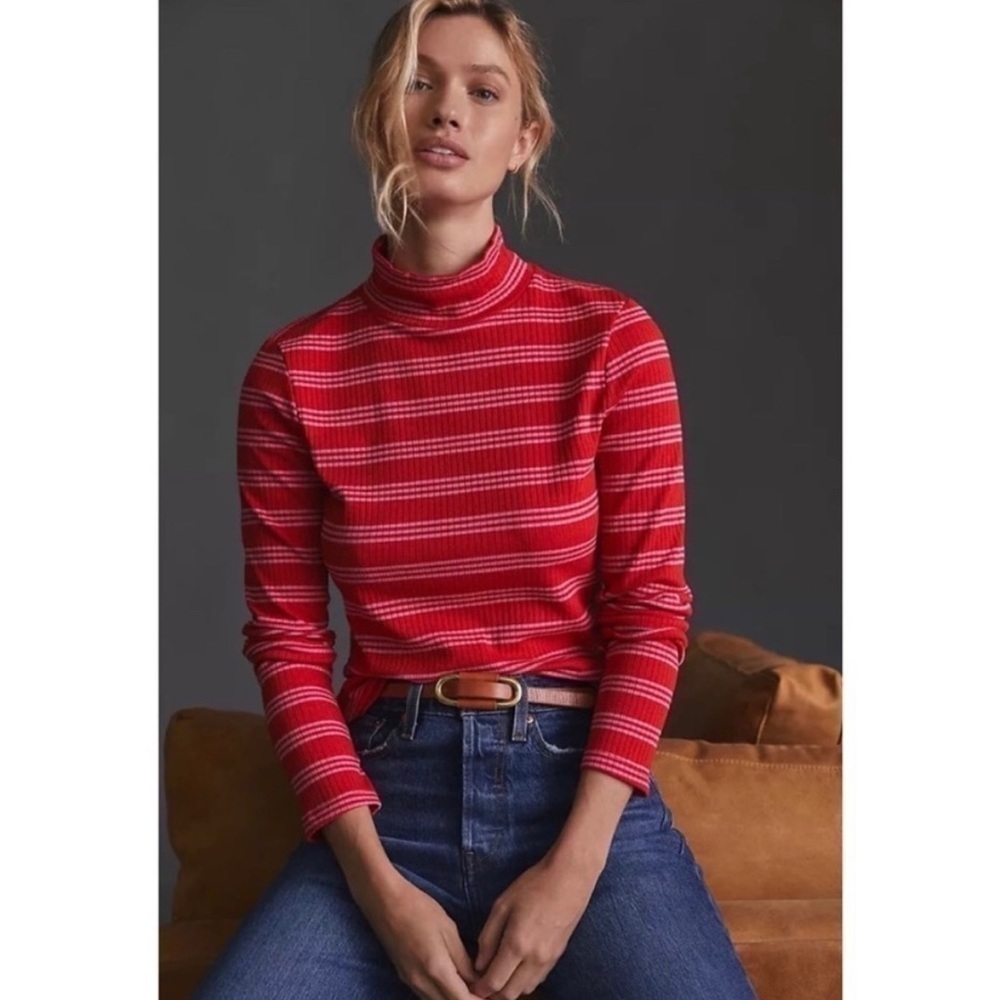 Anthropologie Maeve Red and Pink Ribbed Turtleneck Too Size XS